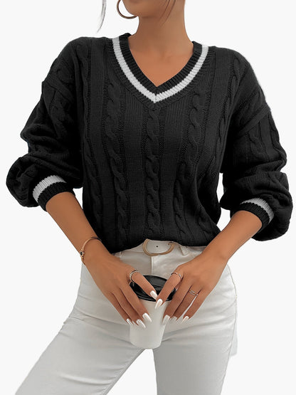 Women's Elegant Knit Sweater with V-Neck and Cable Pattern – Perfect for Office & Leisure