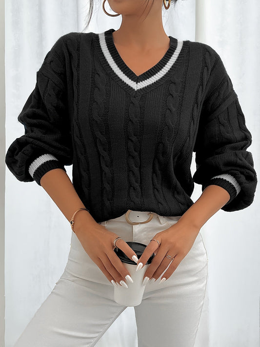 Damen Zopfstrick Pullover V-Ausschnitt Gestreifte Ärmel