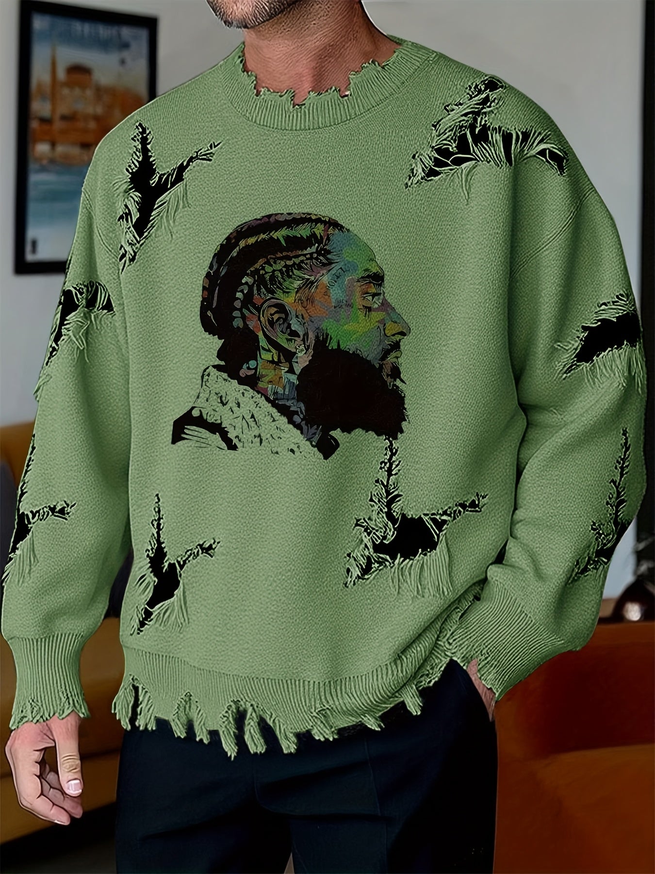Men's chunky-knit crew-neck sweater with colorful portrait print and distressed details