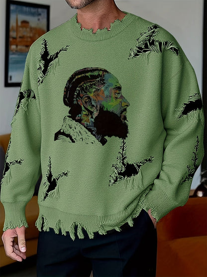 Men's chunky-knit crew-neck sweater with colorful portrait print and distressed details