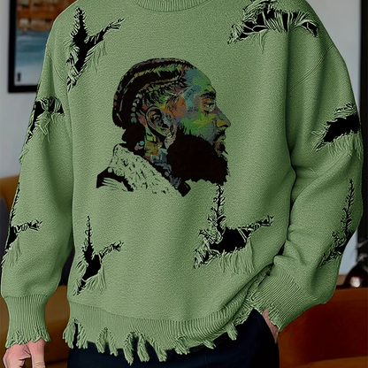 Men's chunky-knit crew-neck sweater with colorful portrait print and distressed details