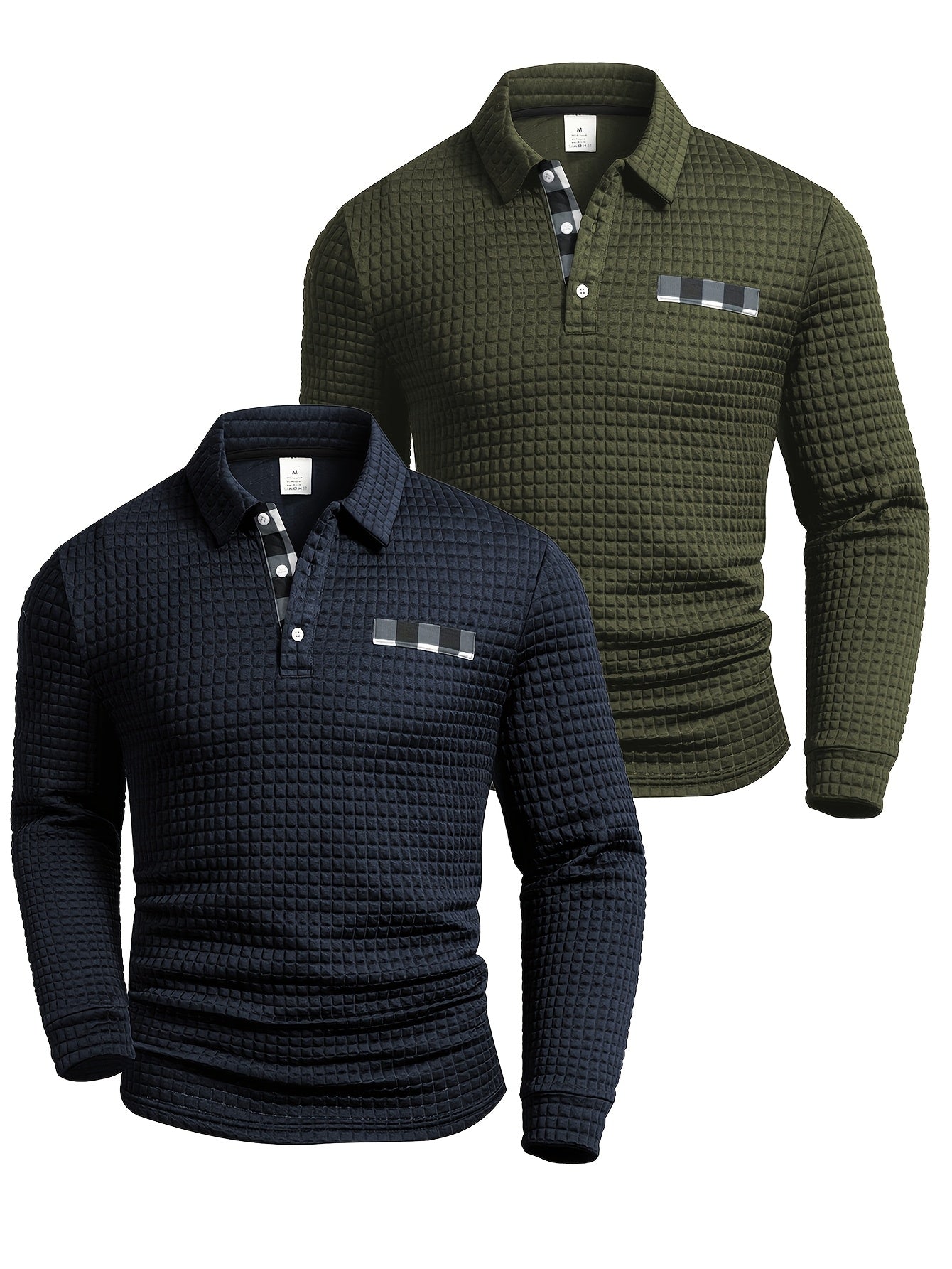 Men's long-sleeved polo shirt with a waffle texture and checked collar, navy blue and army green