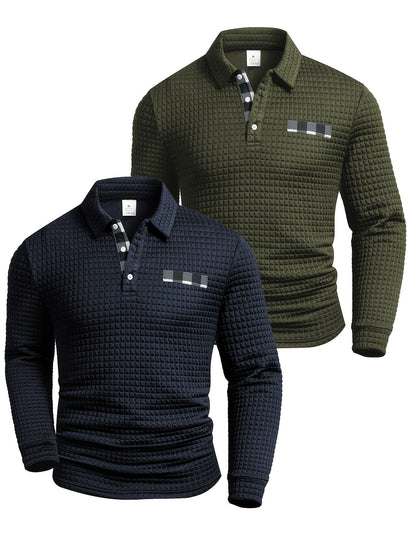 Men's long-sleeved polo shirt with a waffle texture and checked collar, navy blue and army green