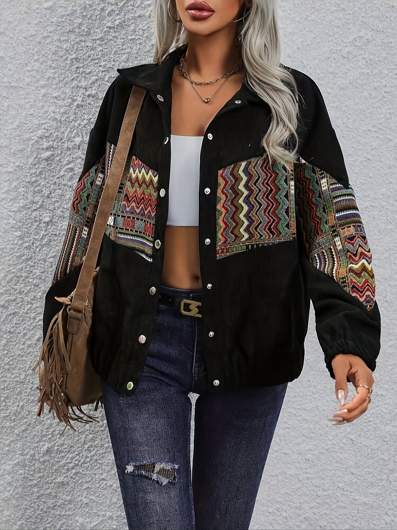 Women's corduroy jacket with ethnic pattern, lapel collar, button placket