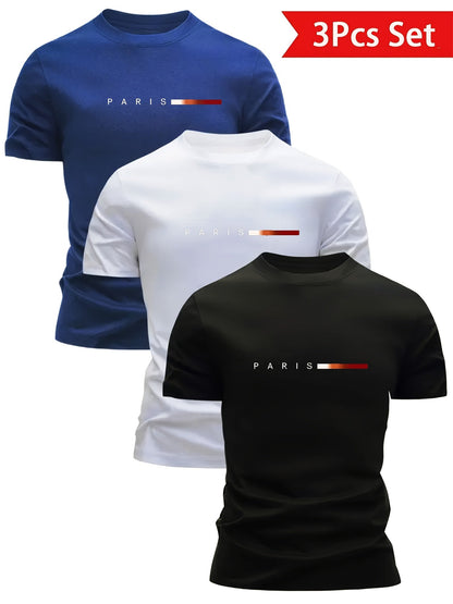 Men's T-Shirt Set 3-Pack – Modern Paris Print, Sporty Style, Perfect for Everyday & Leisure