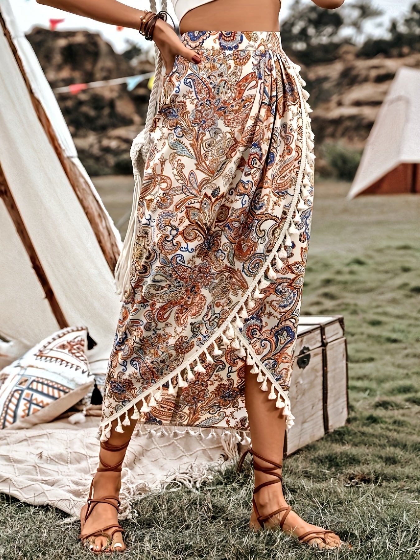 Women's Boho Wrap Midi Skirt with Paisley Pattern and Tassels – Summer Festival Style
