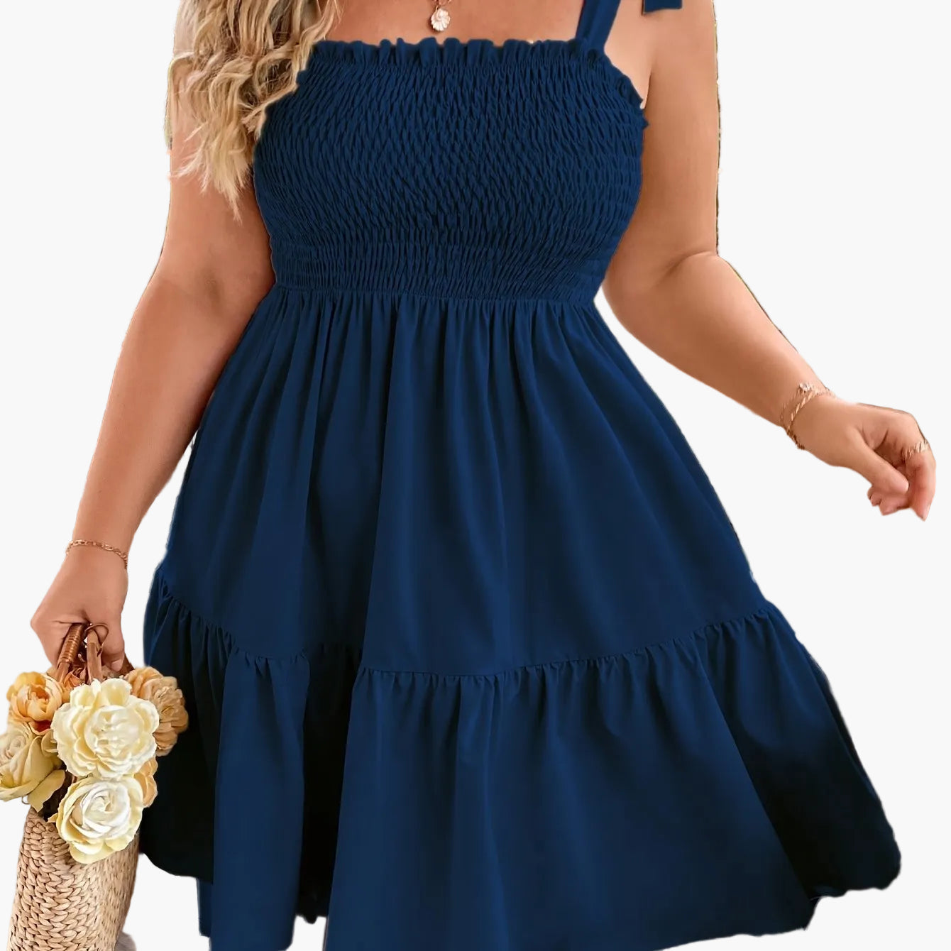 Women's Summer Mini Dress with Smocked Top and Shoulder Bow – Perfect for Vacation and Leisure