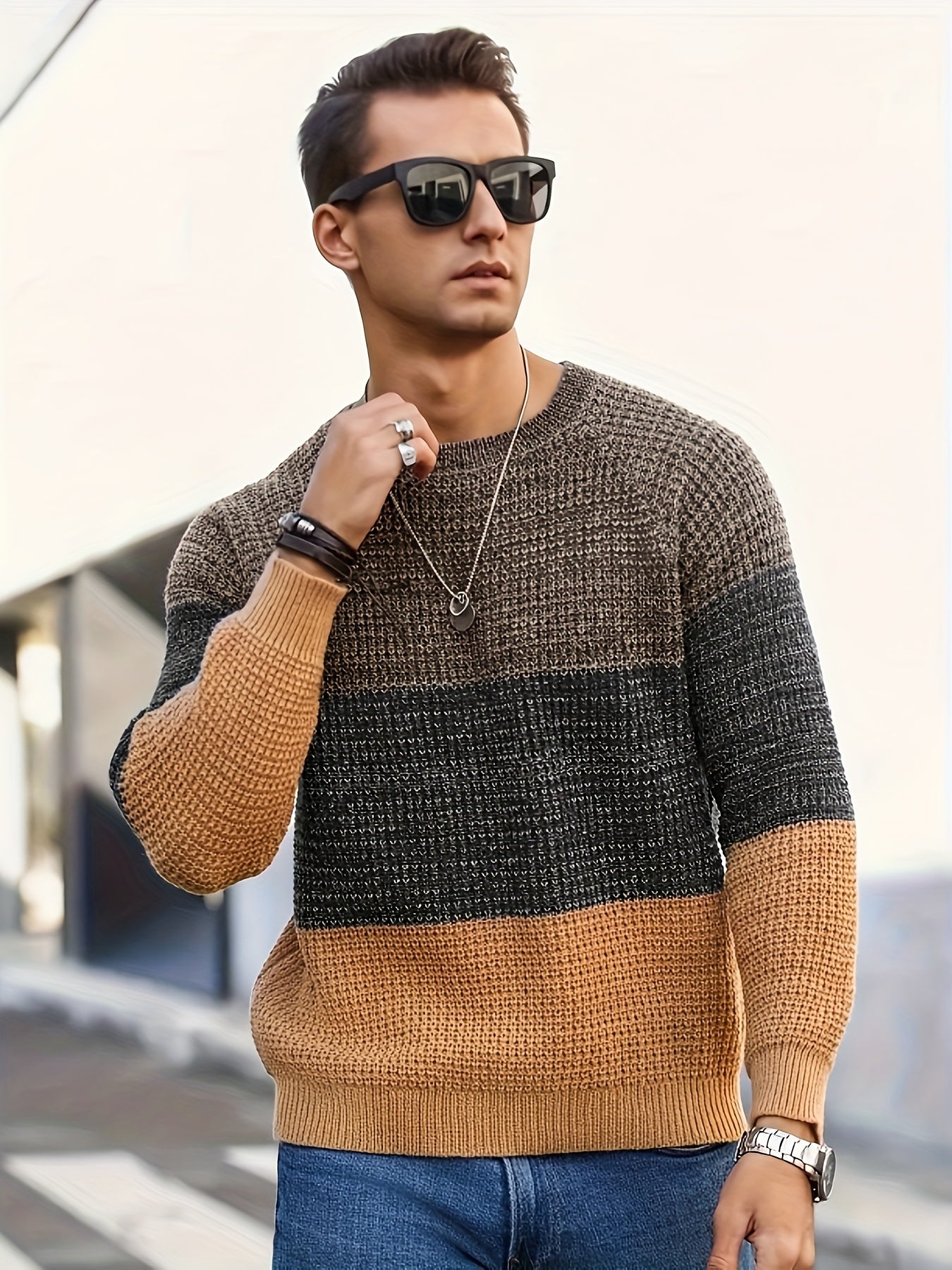 Herren Grobstrickpullover Rundhals Mehrfarbig Gestreift Langarm