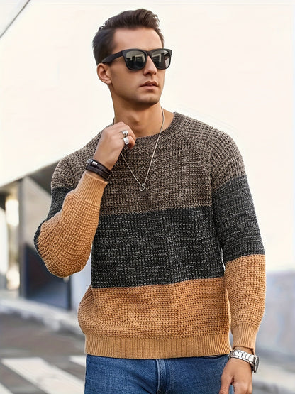 Herren Grobstrickpullover Rundhals Mehrfarbig Gestreift Langarm