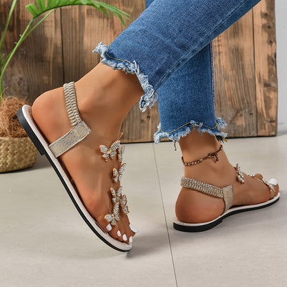 Women's sandals with butterfly appliqués and rhinestones, flat, elegant, for summer and leisure