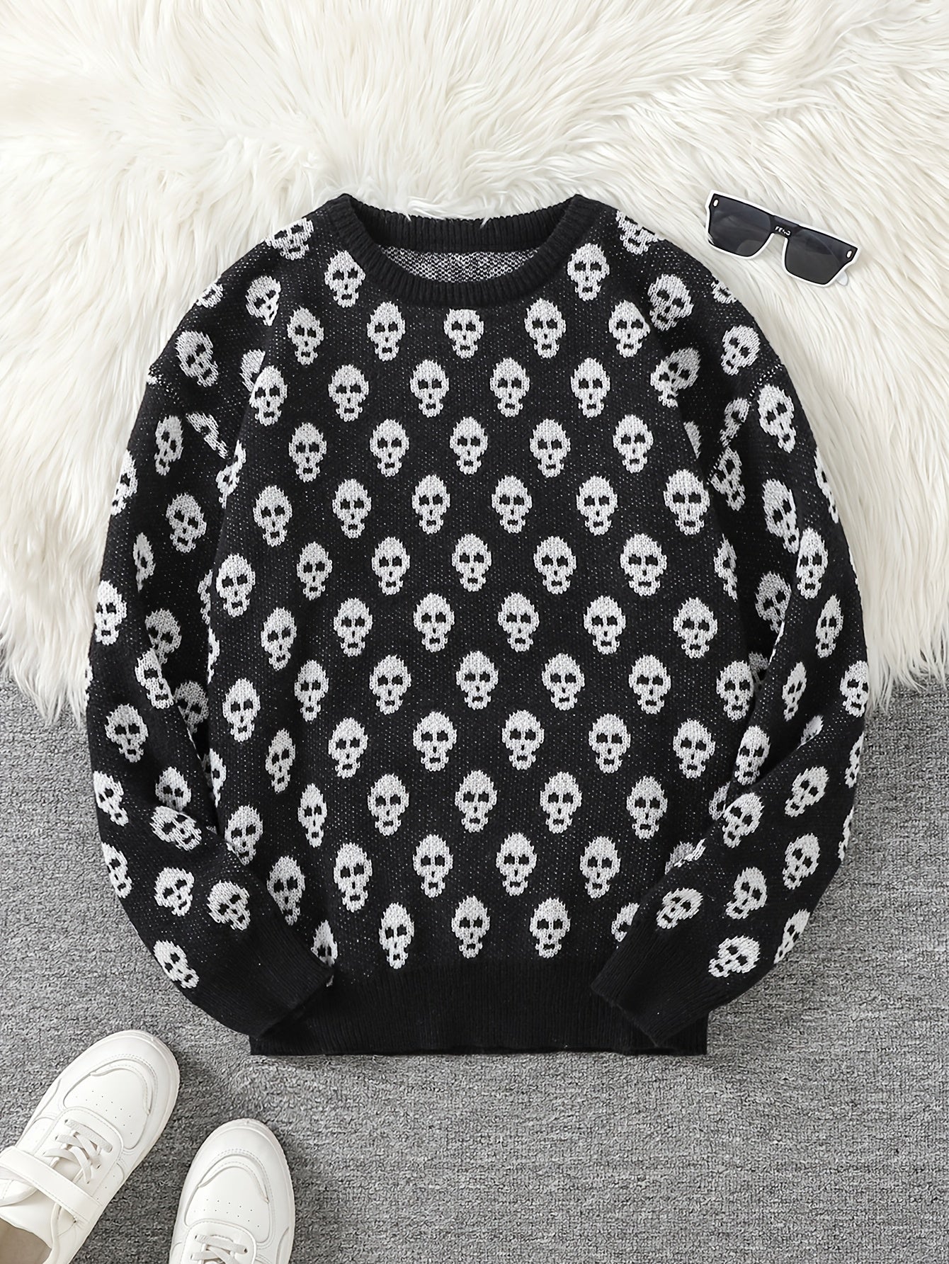 Unisex skull crew-neck long-sleeve knit sweater