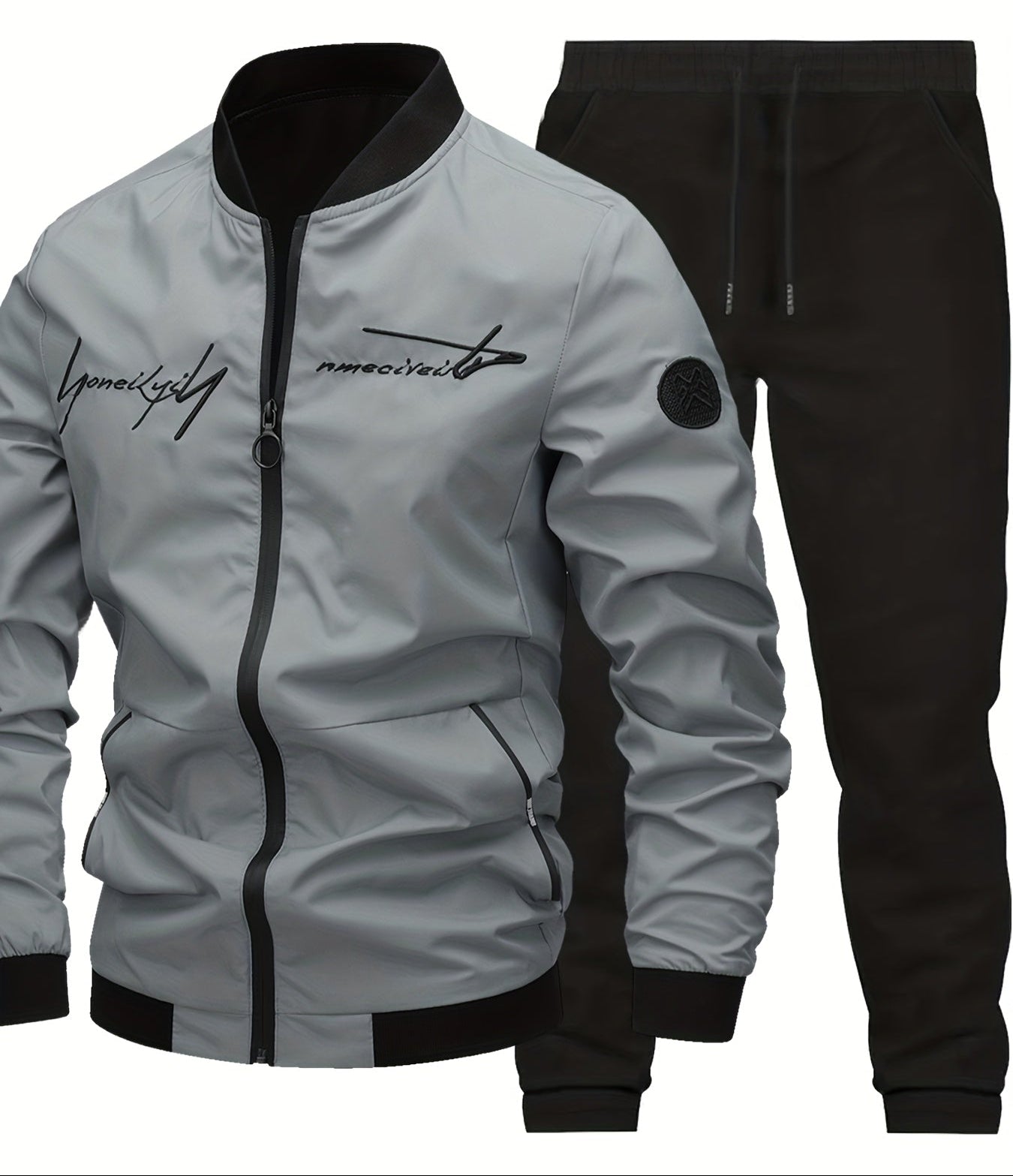 Men's Casual Tracksuit Set with Baseball Collar – Modern Embroidery Look for Everyday and Sports