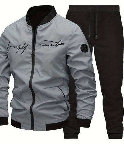 Men's Casual Tracksuit Set with Baseball Collar – Modern Embroidery Look for Everyday and Sports