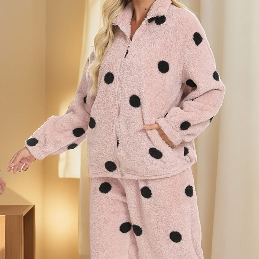 Women's Loungewear Set Plush Polka Dots Zipper Stand Collar Pajamas