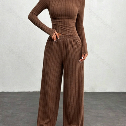 Ribbed loungewear set for women, long-sleeve crop top and wide-leg pants