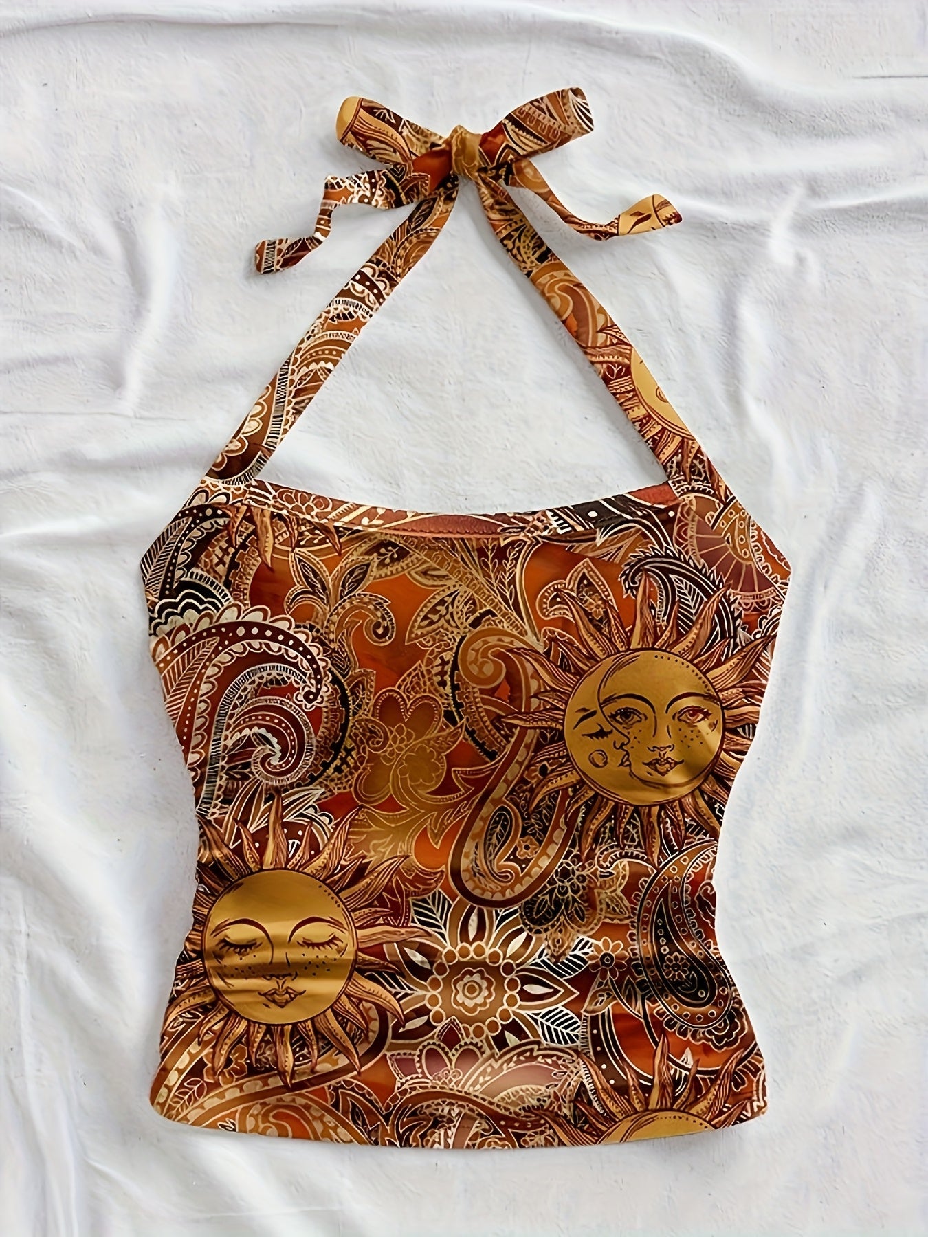 Damen Vintage Halterneck Top mit Boho-Sonnen- und Mondprint – Perfekt für Sommer & Festival
