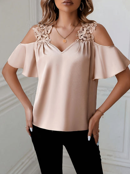 Women's cold-shoulder blouse with lace trim and flounce sleeves – elegant feminine look for office & leisure