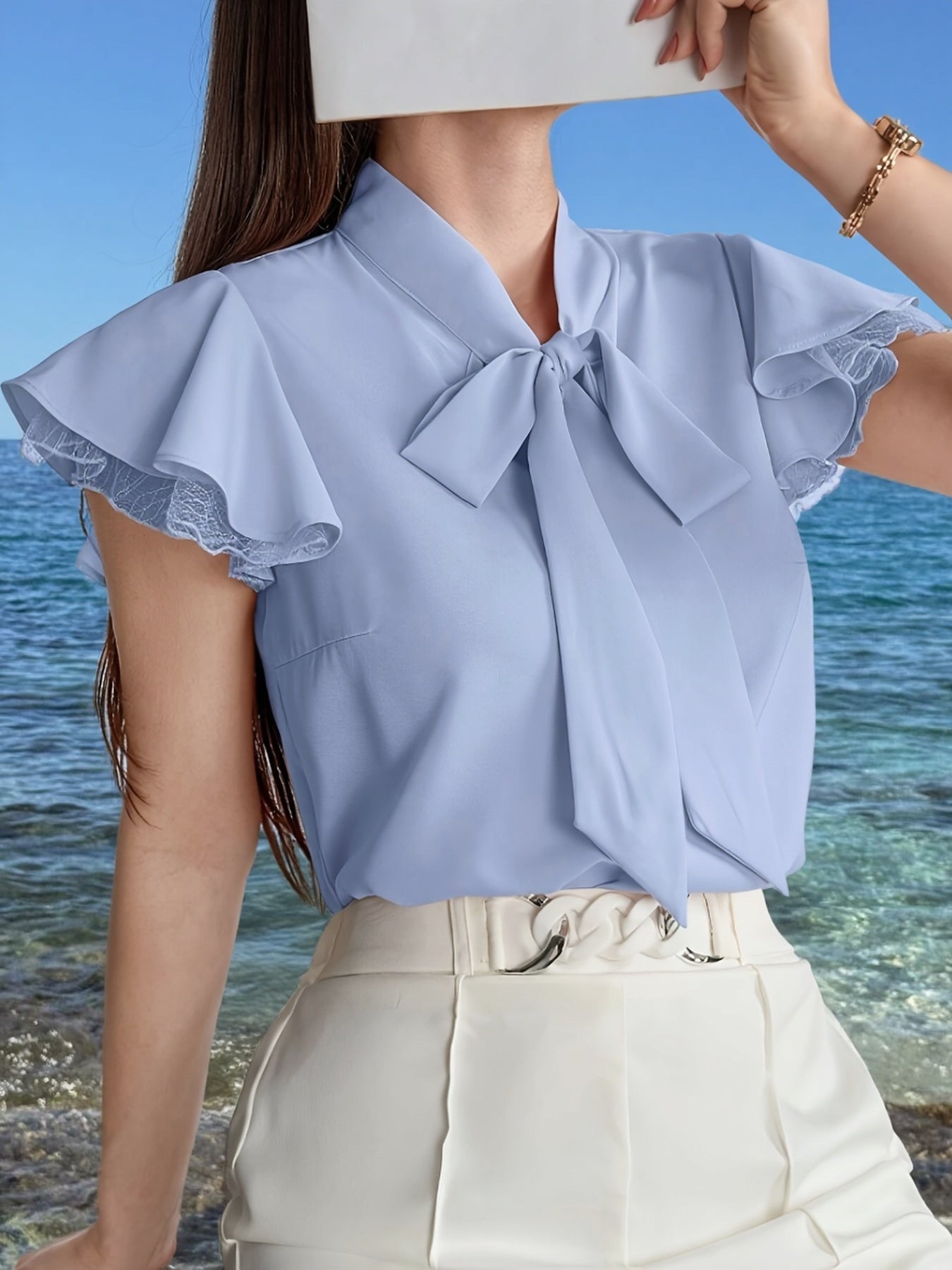 Women's blouse with bow and ruffle sleeves – Elegant office and casual style