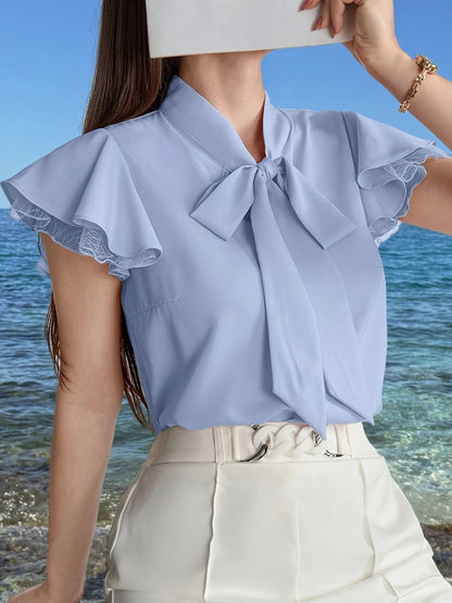 Women's blouse with bow and ruffle sleeves – Elegant office and casual style