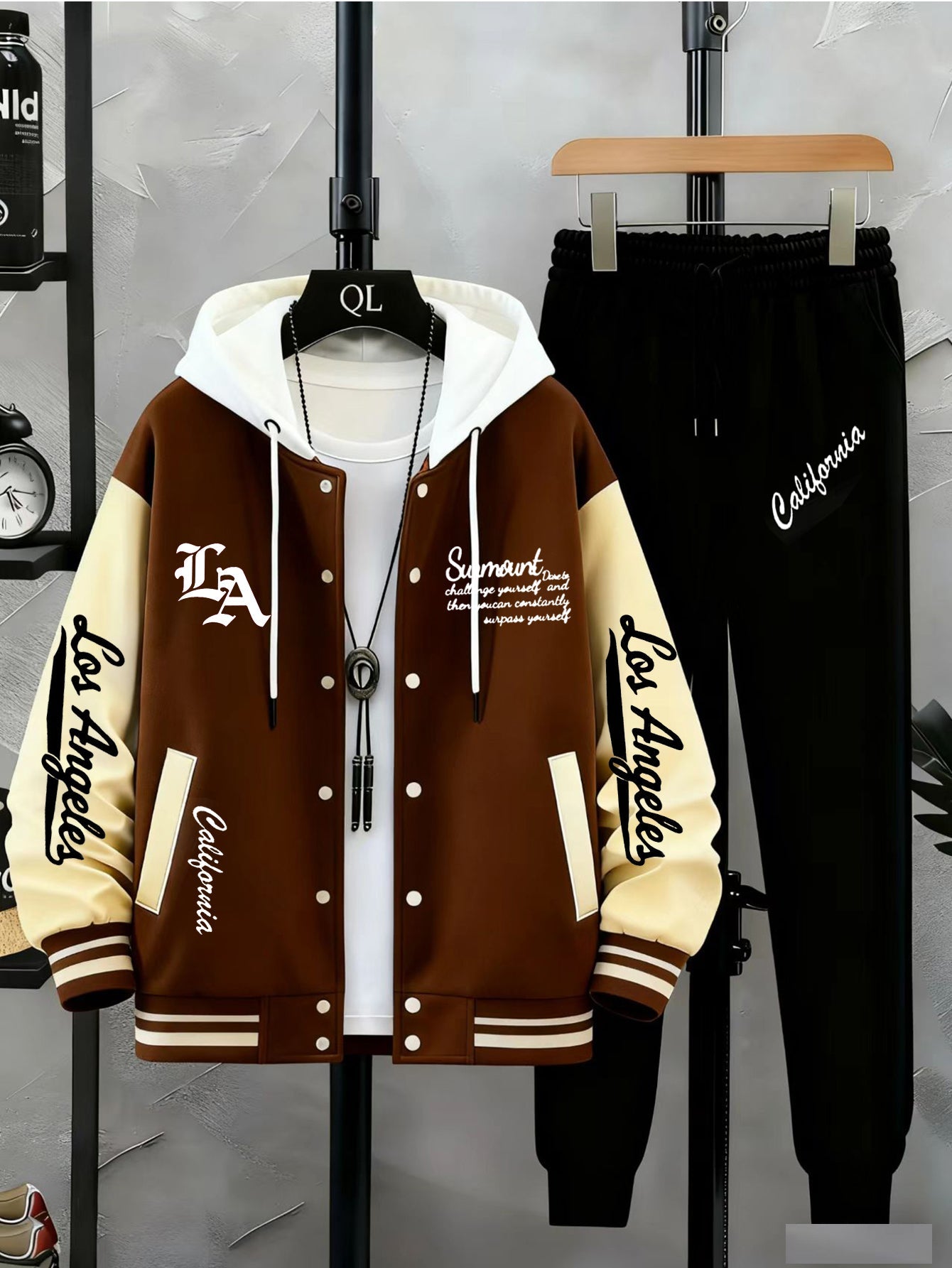 Unisex tracksuit set with baseball jacket and jogging pants, college-style streetwear
