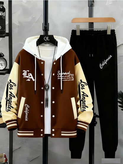 Unisex tracksuit set with baseball jacket and jogging pants, college-style streetwear