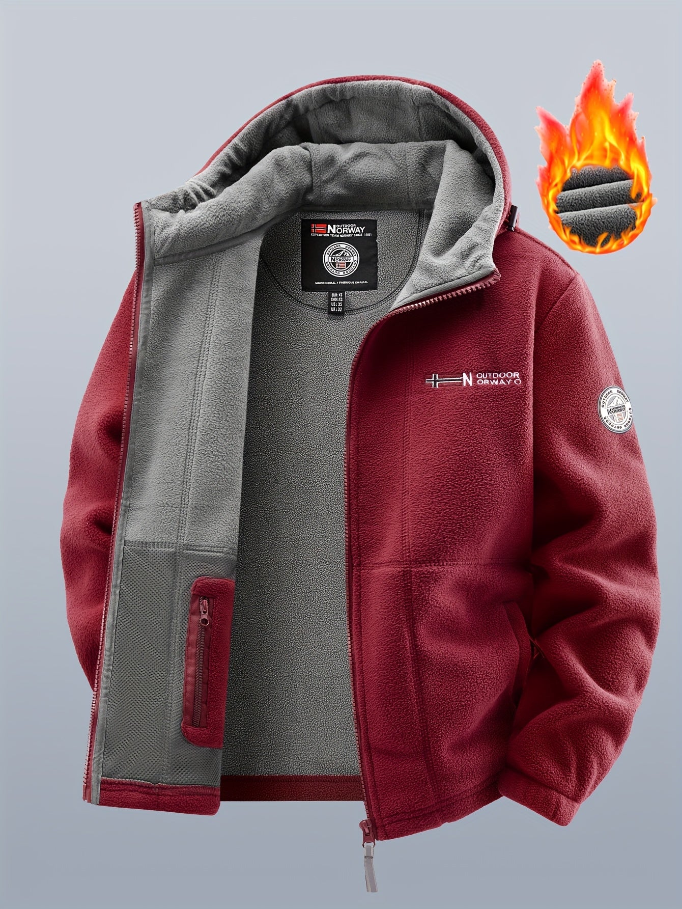 Thermo Fleecejacke mit Kapuze für Herren, durchgehender Reißverschluss