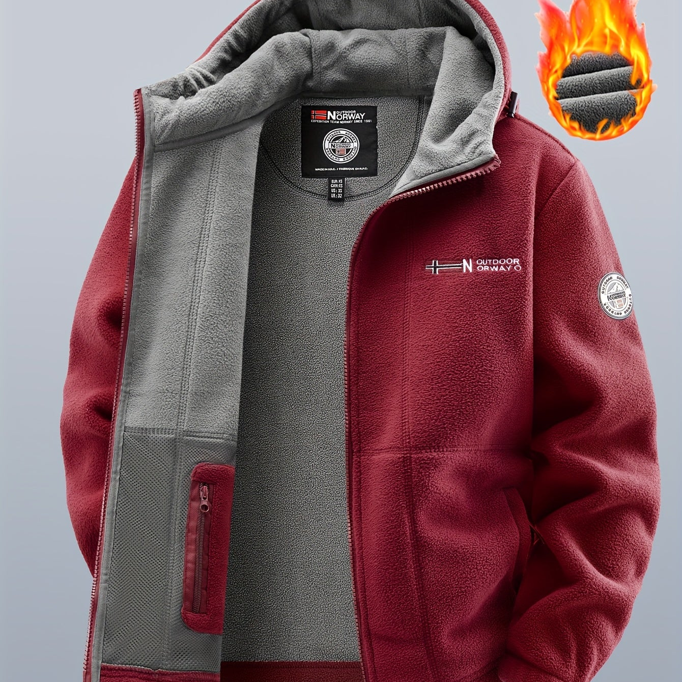 Thermo Fleecejacke mit Kapuze für Herren, durchgehender Reißverschluss