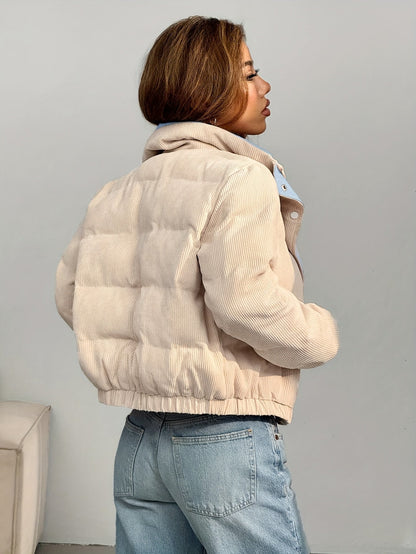 Damen Cord Pufferjacke Kurz Reverskragen Beige Rosa