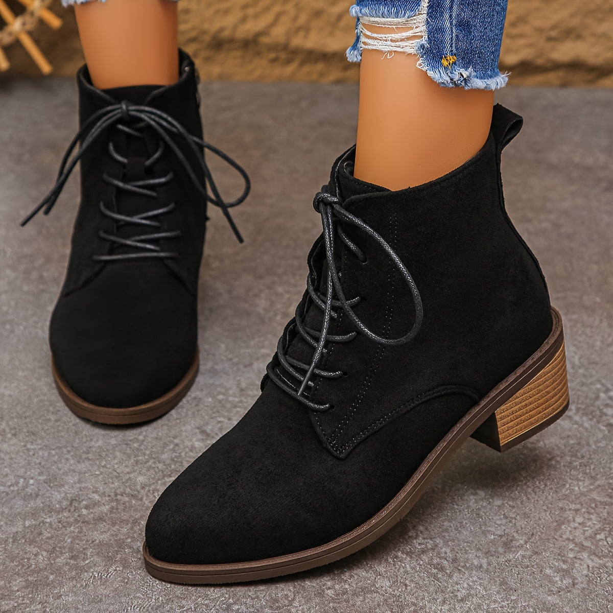 Women's lace-up ankle boots with block heels and a zipper