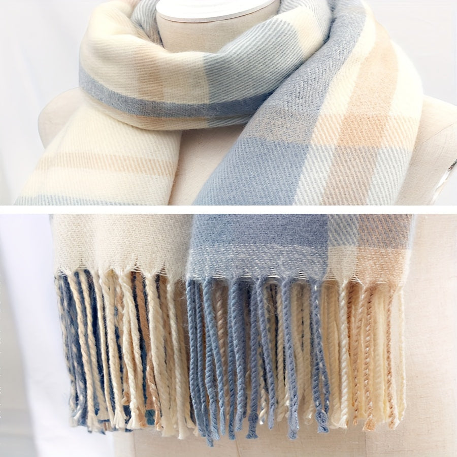 Plaid Scarf with Fringes – Soft & Warm, Pink-Gray-White