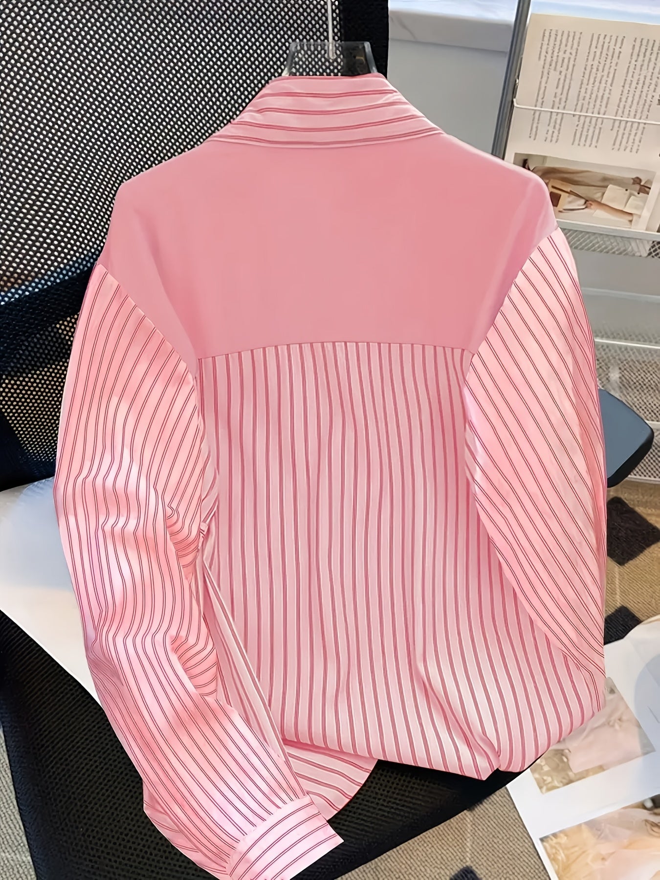 Women's striped blouse with tie detail, long-sleeve shirt blouse with chest pocket