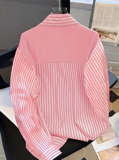 Women's striped blouse with tie detail, long-sleeve shirt blouse with chest pocket
