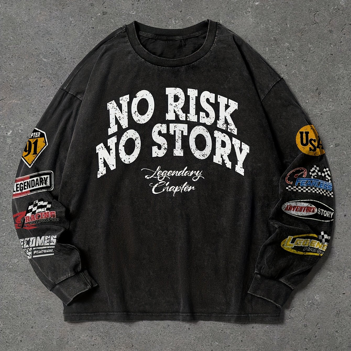 Unisex long-sleeve shirt, black cotton-look fabric, crew neck, “NO RISK NO STORY” print with sleeve patches