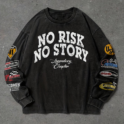 Unisex long-sleeve shirt, black cotton-look fabric, crew neck, “NO RISK NO STORY” print with sleeve patches