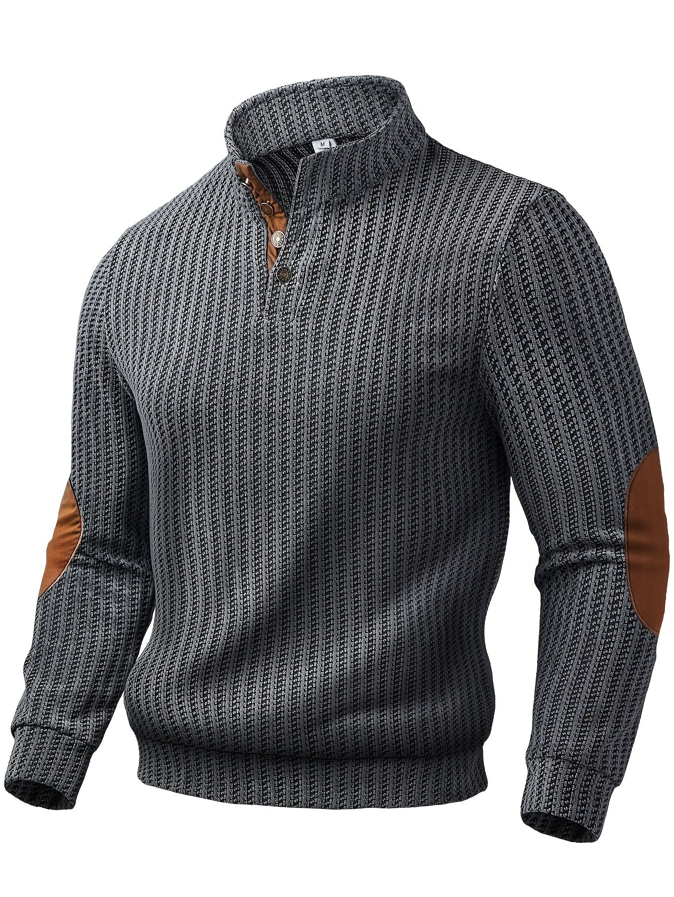 Men's turtleneck sweater with half-button closure and elbow patches, White Black