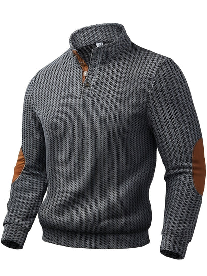 Men's turtleneck sweater with half-button closure and elbow patches, White Black