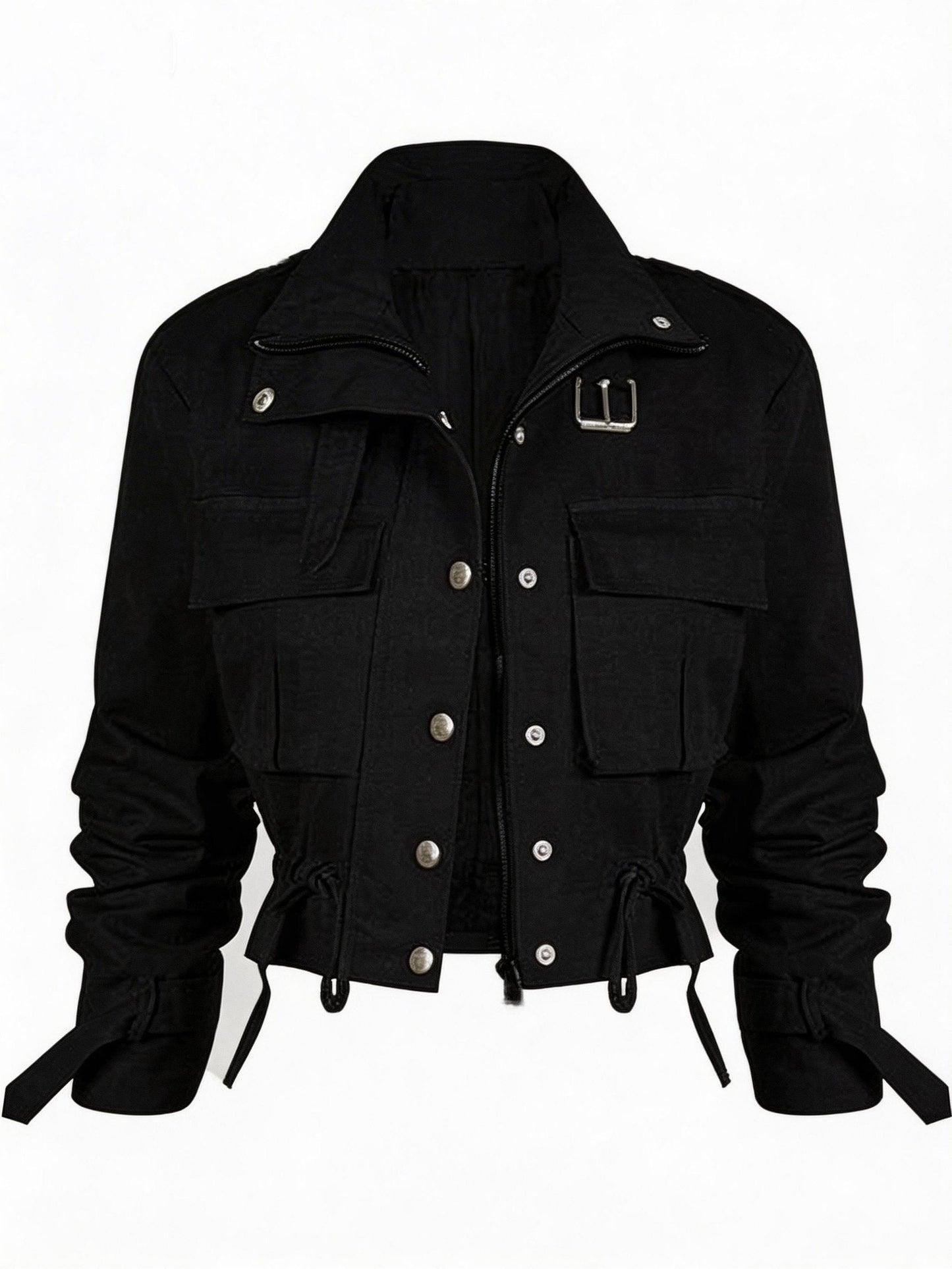 Short women's transitional jacket with zip, buttons & flap pockets