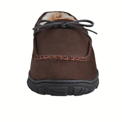 Lined men’s moccasin slippers – warm house slippers with a bow
