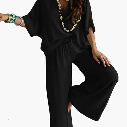 Women's Loose Lounge Pants & V-Neck Blouse Set – Elegant Casual Outfit for Everyday and Vacation