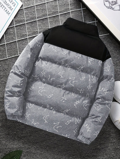Padded jacket with constellation print, zipper, and stand-up collar