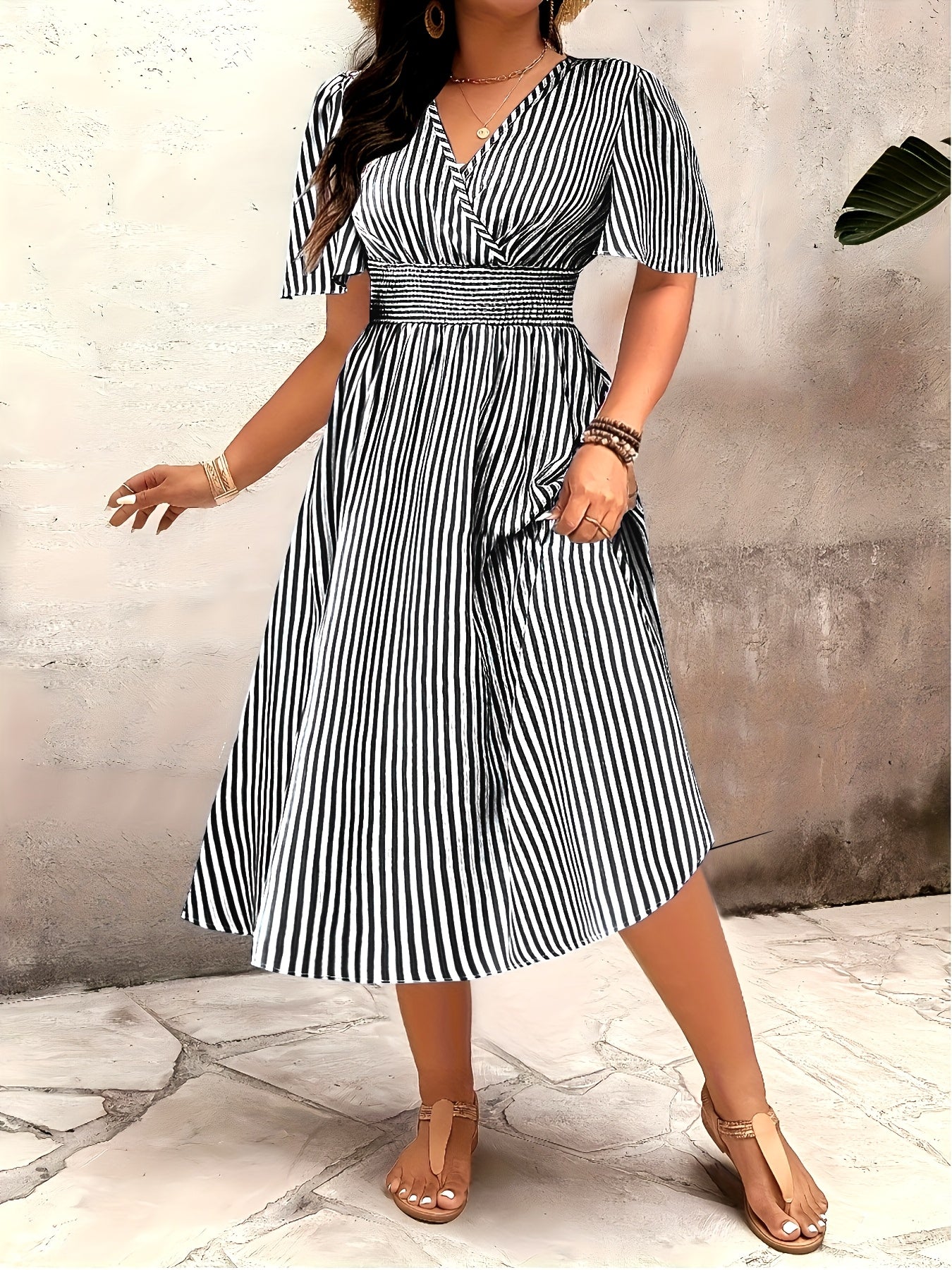 Women's Elegant Striped Midi Dress with V-Neck and Waist Accent for Festive Occasions