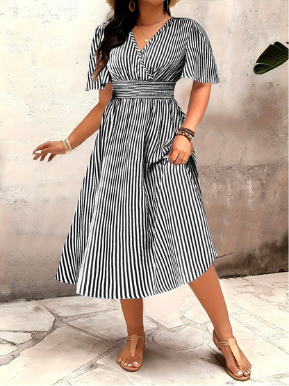 Women's Elegant Striped Midi Dress with V-Neck and Waist Accent for Festive Occasions