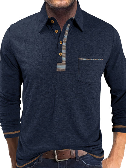 Men's long-sleeved polo shirt with chest pocket and patterned details