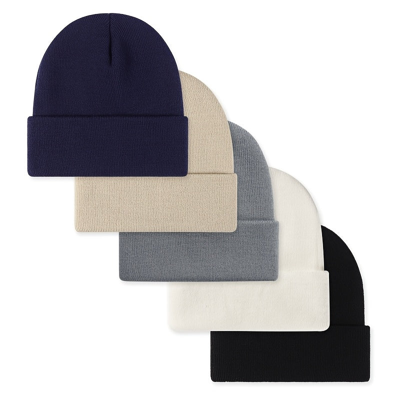 Unisex beanie knit hat with rolled brim, 5-pack in assorted colors