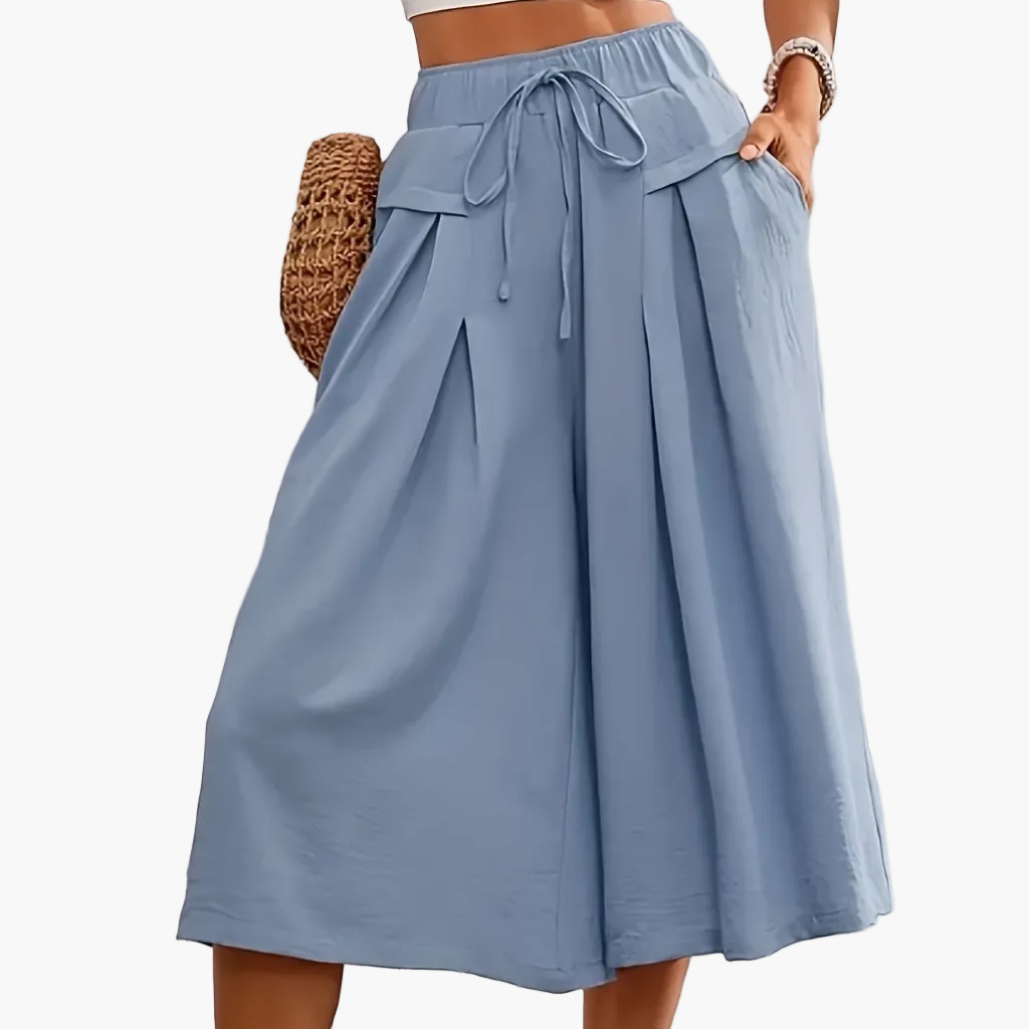 Women's Elegant Wide Summer Culotte Pants with Tie Belt – Fashionable Capri Pants for Leisure and Vacation