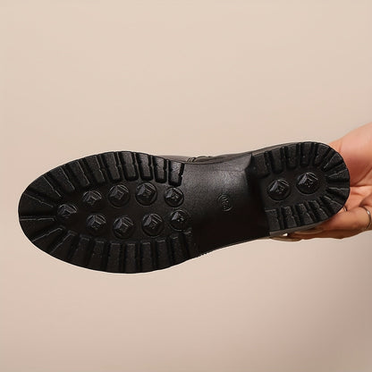 Women's ankle boots with decorative buckle and zip, lug sole, block heel