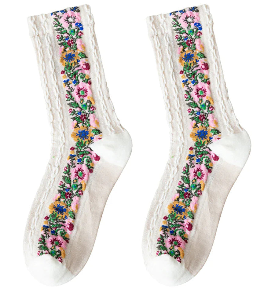 Women's Vintage Socks with Floral Embroidery – Elegant Jacquard Socks in Retro Style, Pack of 5