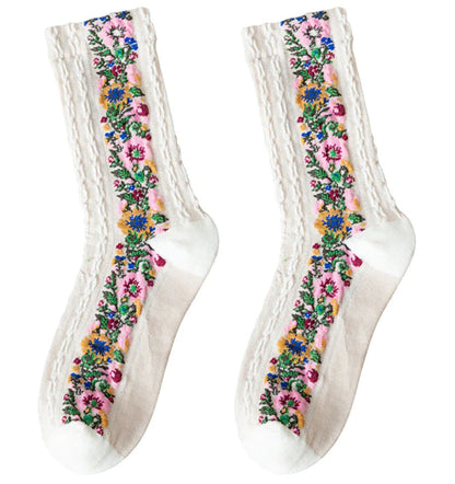 Women's Vintage Socks with Floral Embroidery – Elegant Jacquard Socks in Retro Style, Pack of 5
