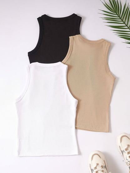 Damen Sportliche Basic Tanktops 3er Pack – Ärmellos, Rundhals, Sommer Freizeit
