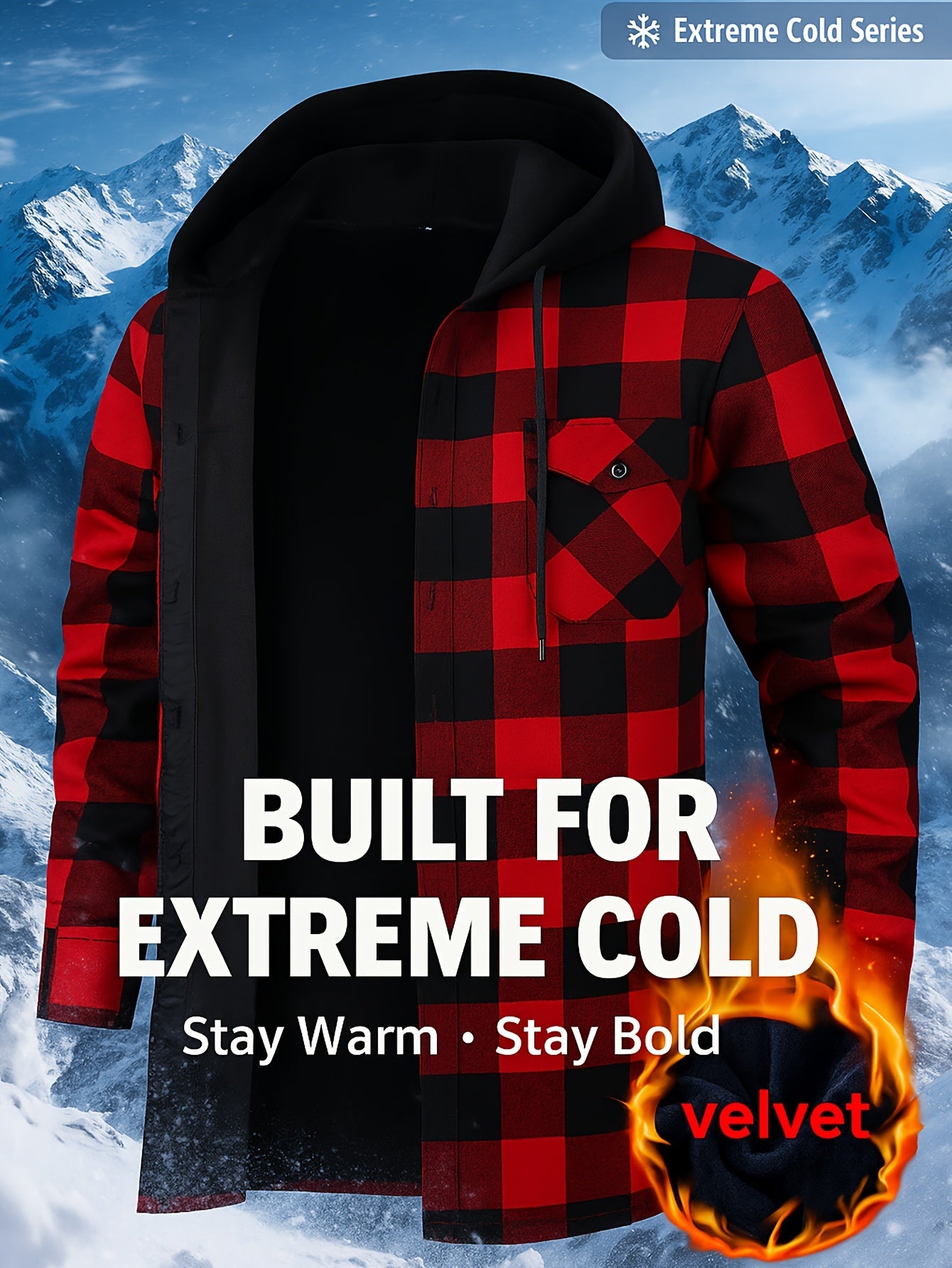 Men's checked flannel shirt with hood, lined, warm casual jacket, long sleeve